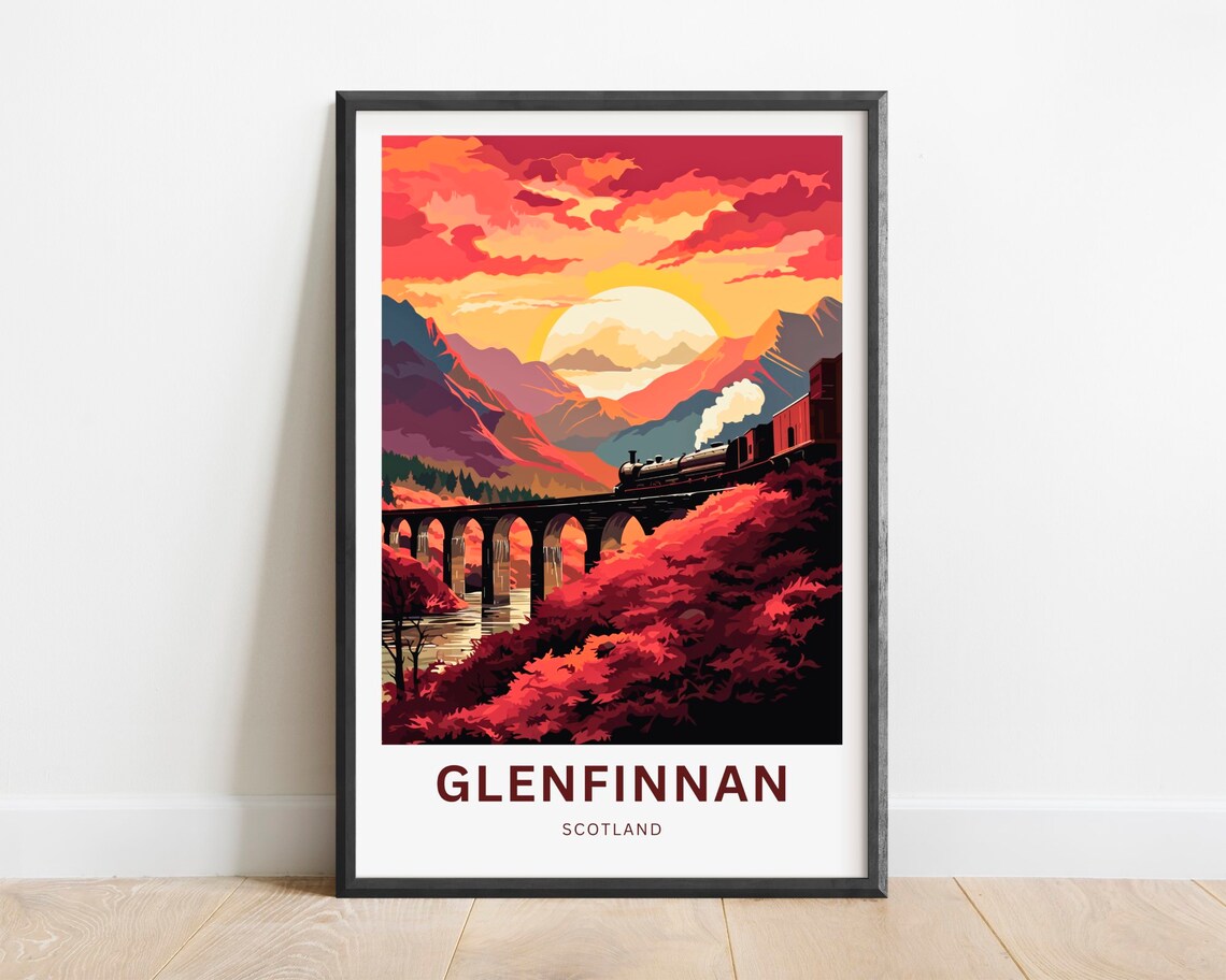 Glenfinnan Scotland Sunset Glow Steam Train Over Viaduct Travel Poster