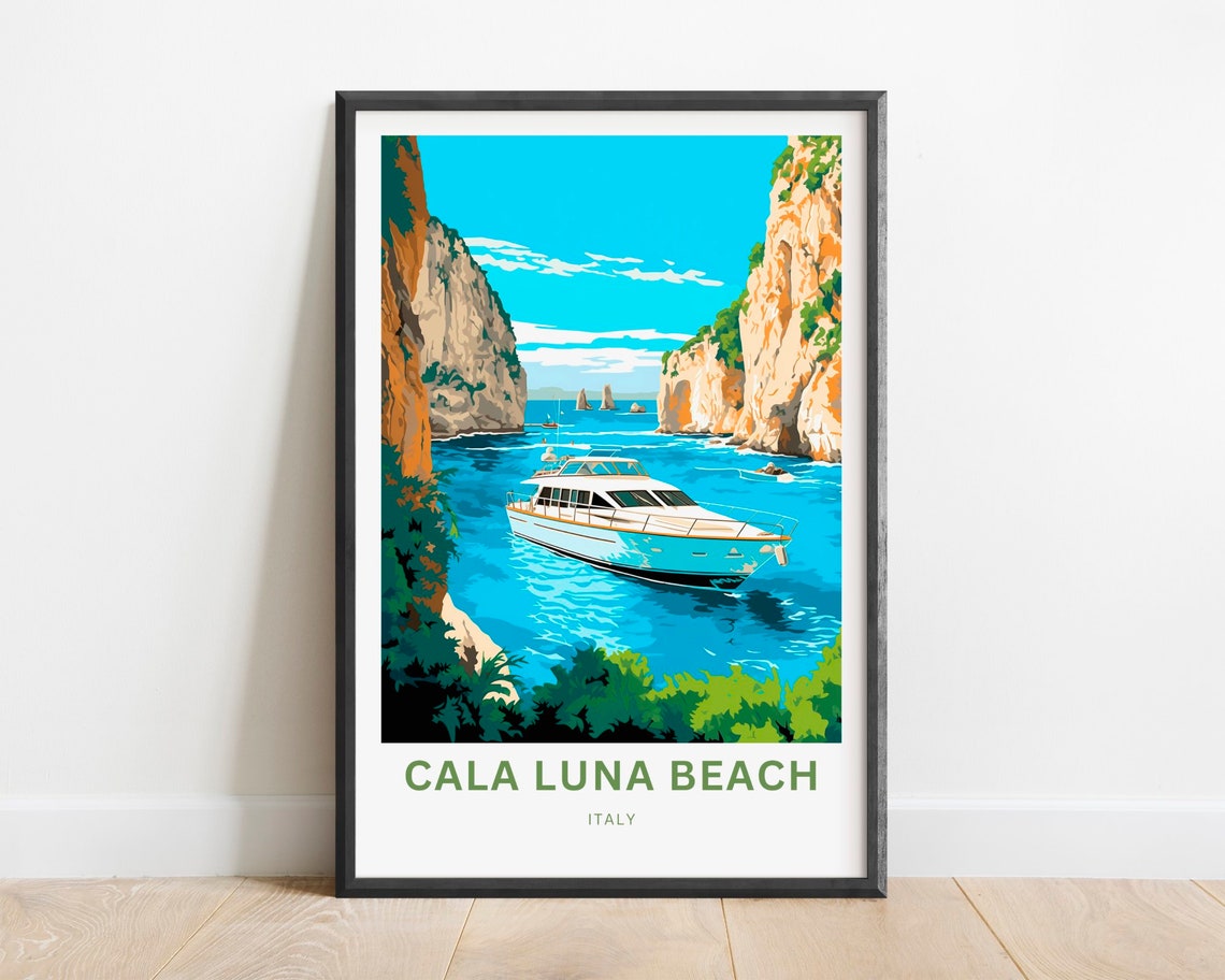 Cala Luna Beach Italy Yacht Between Golden Sea Cliffs Poster