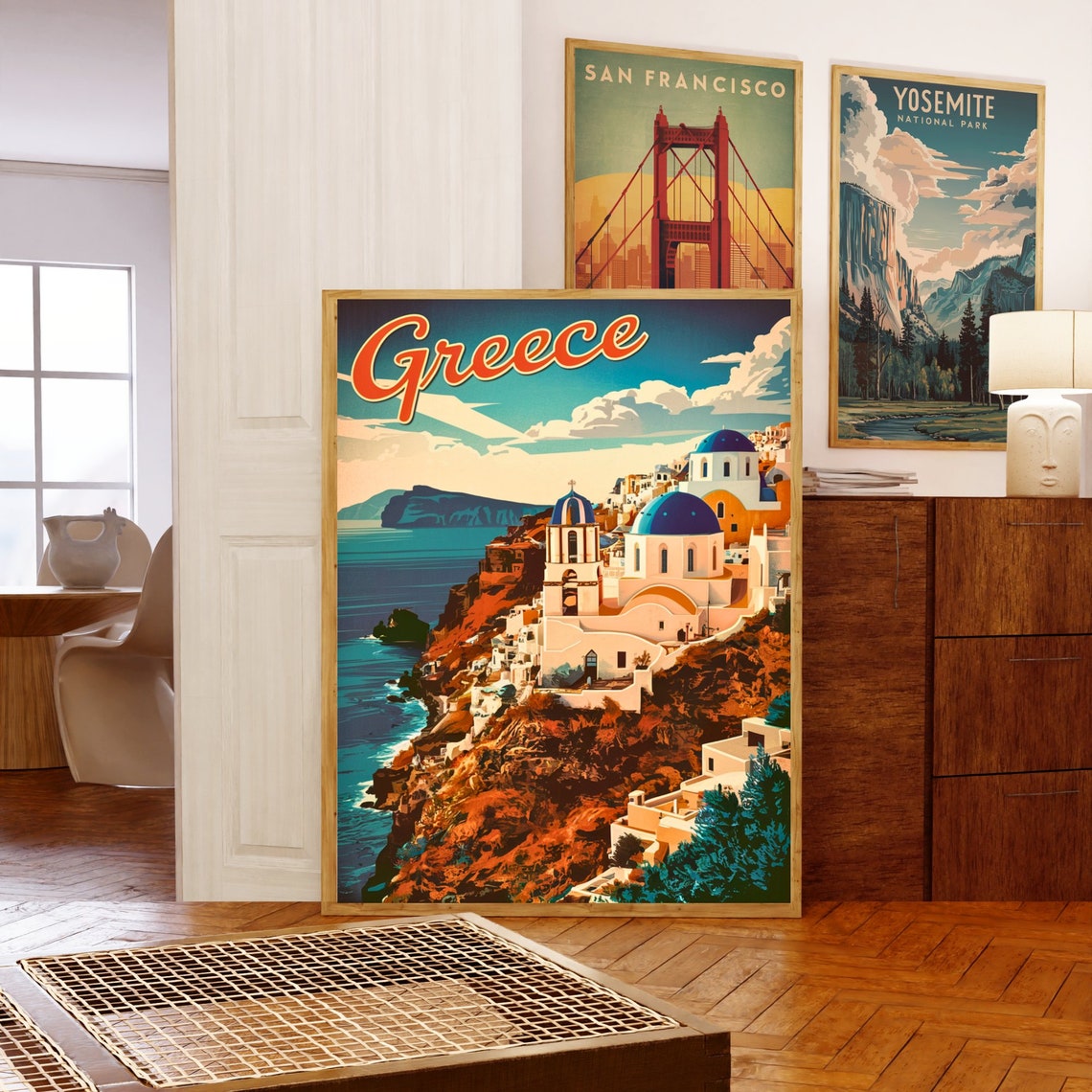 Greece Santorini Whitewashed Village Sea View Vintage Travel Poster - Image 5