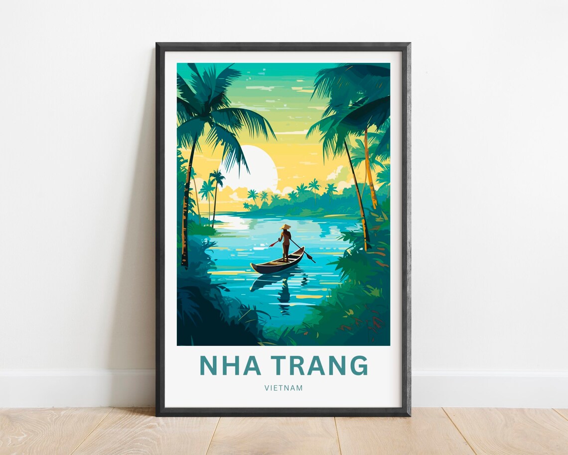 Nha Trang Vietnam Fisherman Canoe Sunset River Palm Travel Poster