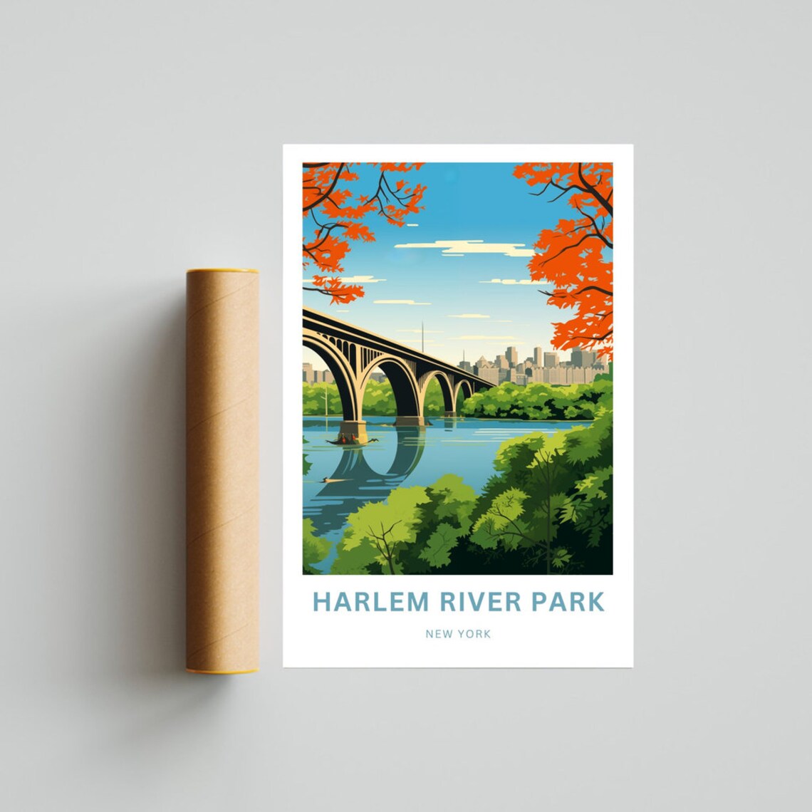 Harlem River Park New York Autumn Skyline Retro Travel Poster - Image 4