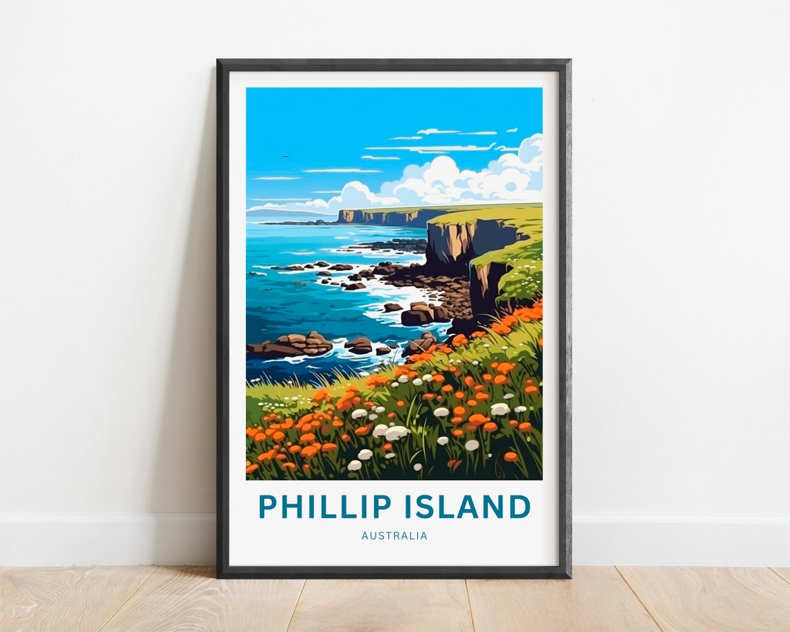 Phillip Island Australia Sea Cliffs Wildflowers Travel Poster
