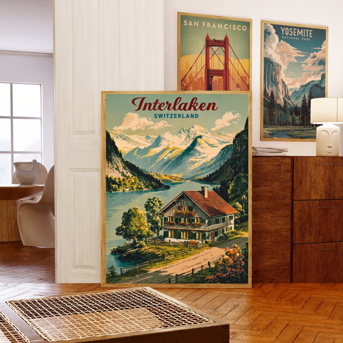Interlaken Switzerland Lakeside Cottage Vintage Travel Poster Scene - Image 5