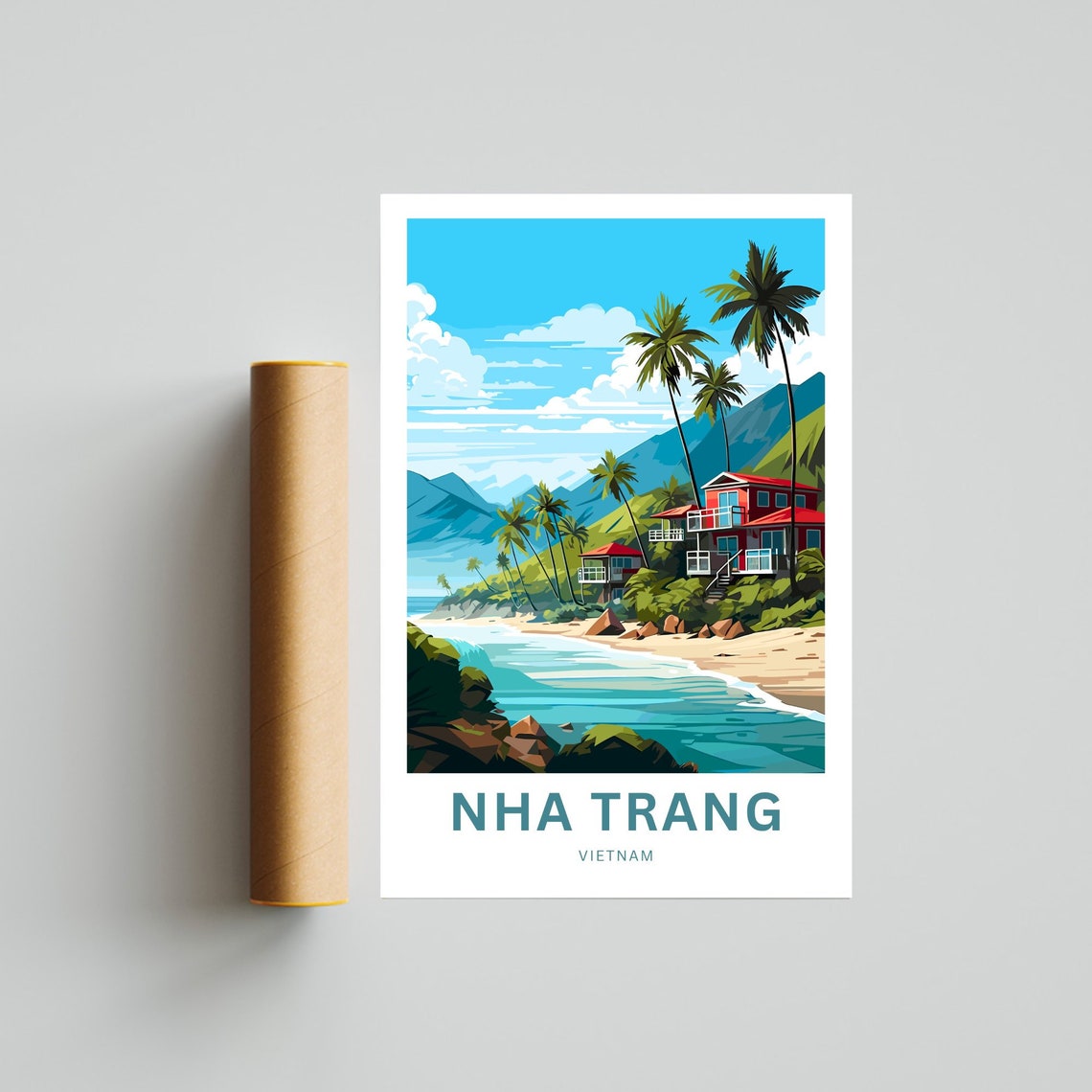 Nha Trang Vietnam Beach Villas Palms Turquoise Bay Scene Poster - Image 4
