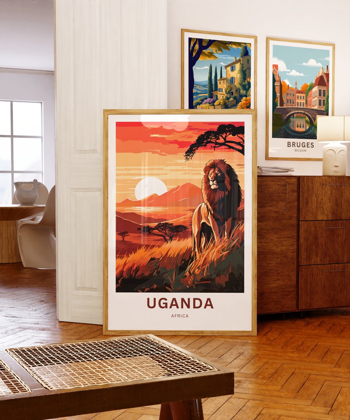 Personalized Uganda Africa Travel Poster Lion Sunset Savanna Scene - Image 5