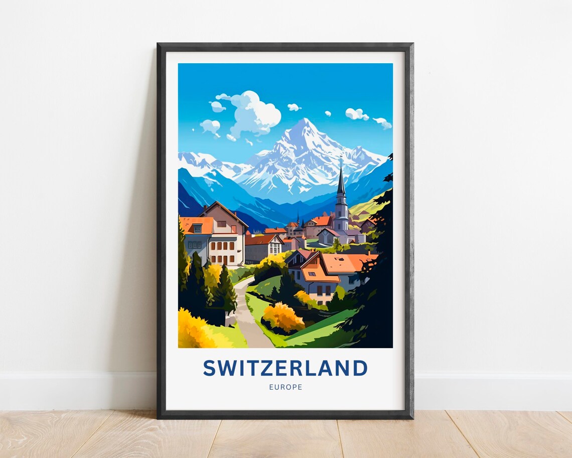 Switzerland Europe Alpine Village Church Snow Peak Travel Poster