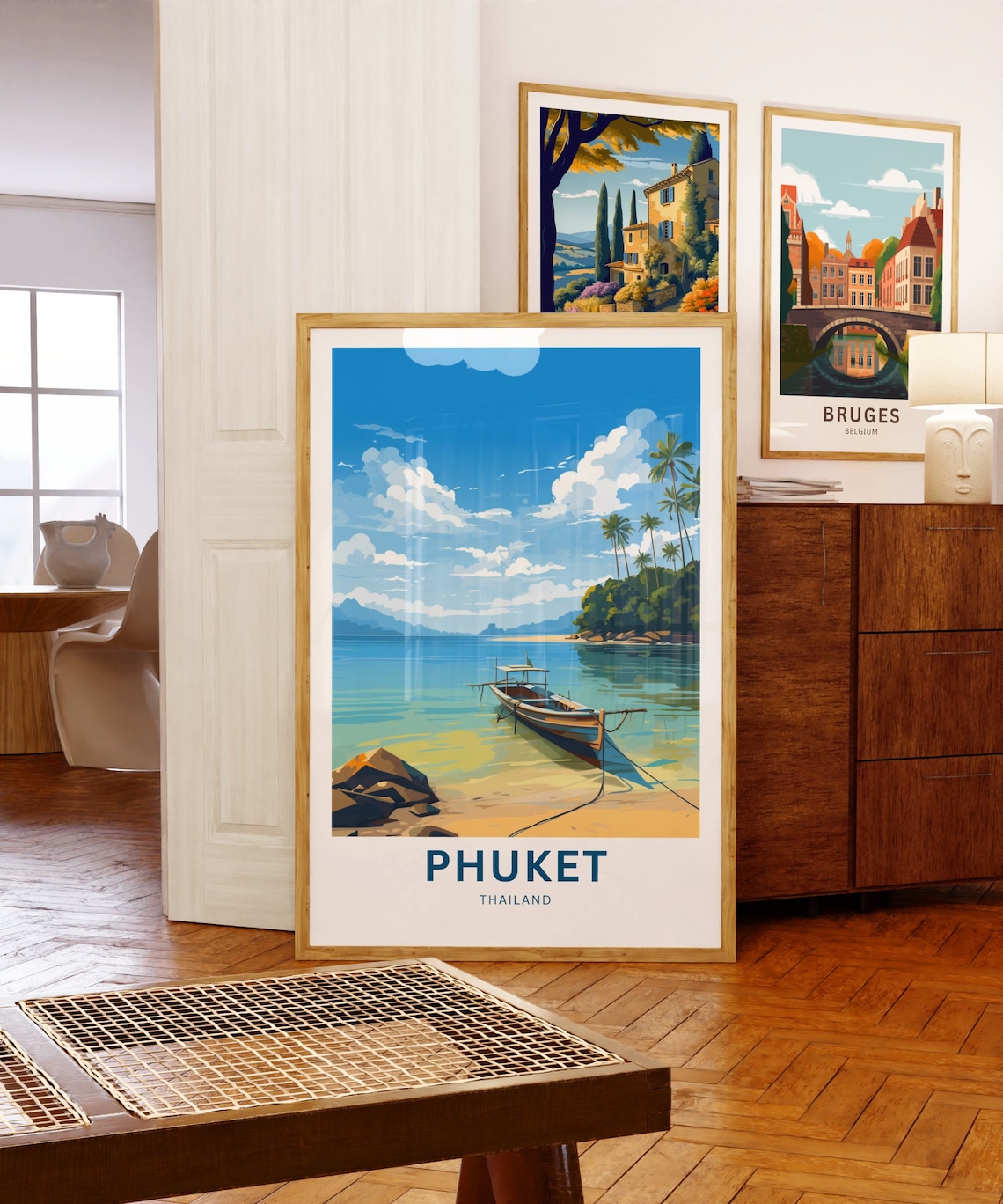 Phuket Thailand Travel Poster Wooden Boat Calm Shore Palm Isle Art - Image 5