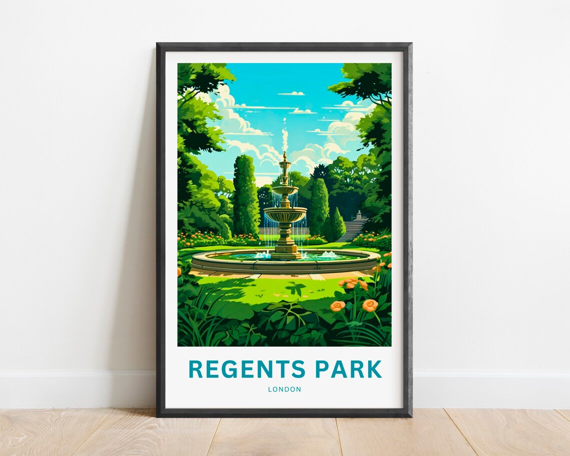 Regents Park London Fountain Rose Garden Vintage Travel Poster
