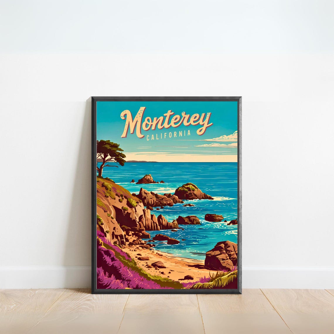Monterey California Retro Rocky Cove Ocean Cliffs Travel Poster