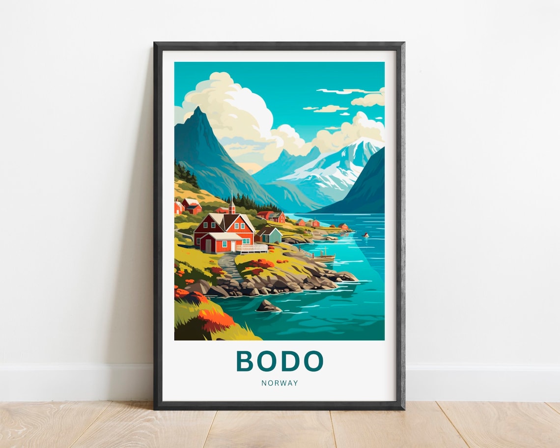 Bodo Norway Fjord Cabins Coastal Harbor Vintage Travel Poster