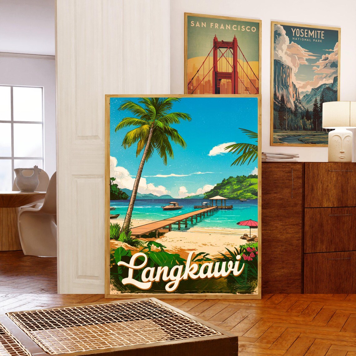 Langkawi Malaysia Vintage Beach Travel Poster Palm Tree and Pier - Image 5