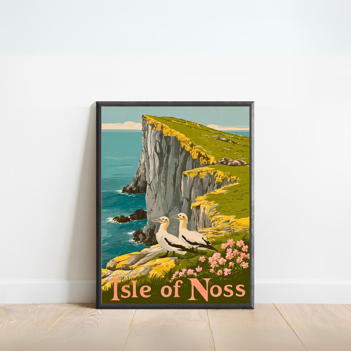 Isle of Noss Vintage Gannets Among Wildflowers Cliff Top Poster