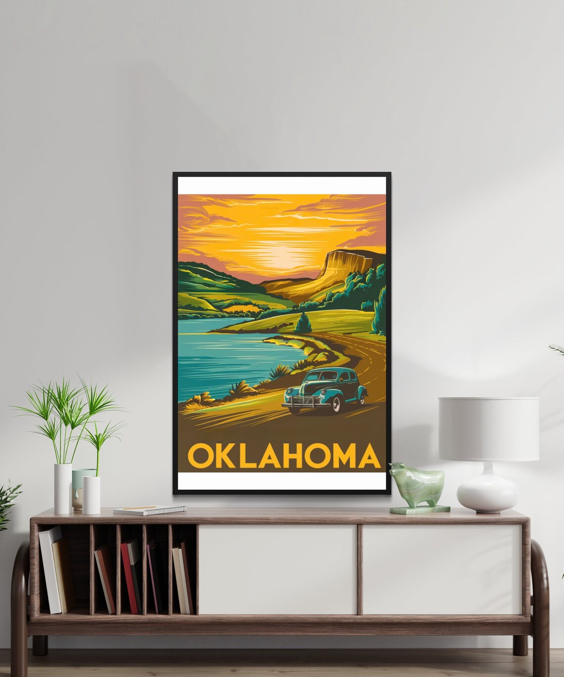 Oklahoma Vintage Car Lakeside Golden Sunset Road Travel Poster - Image 2