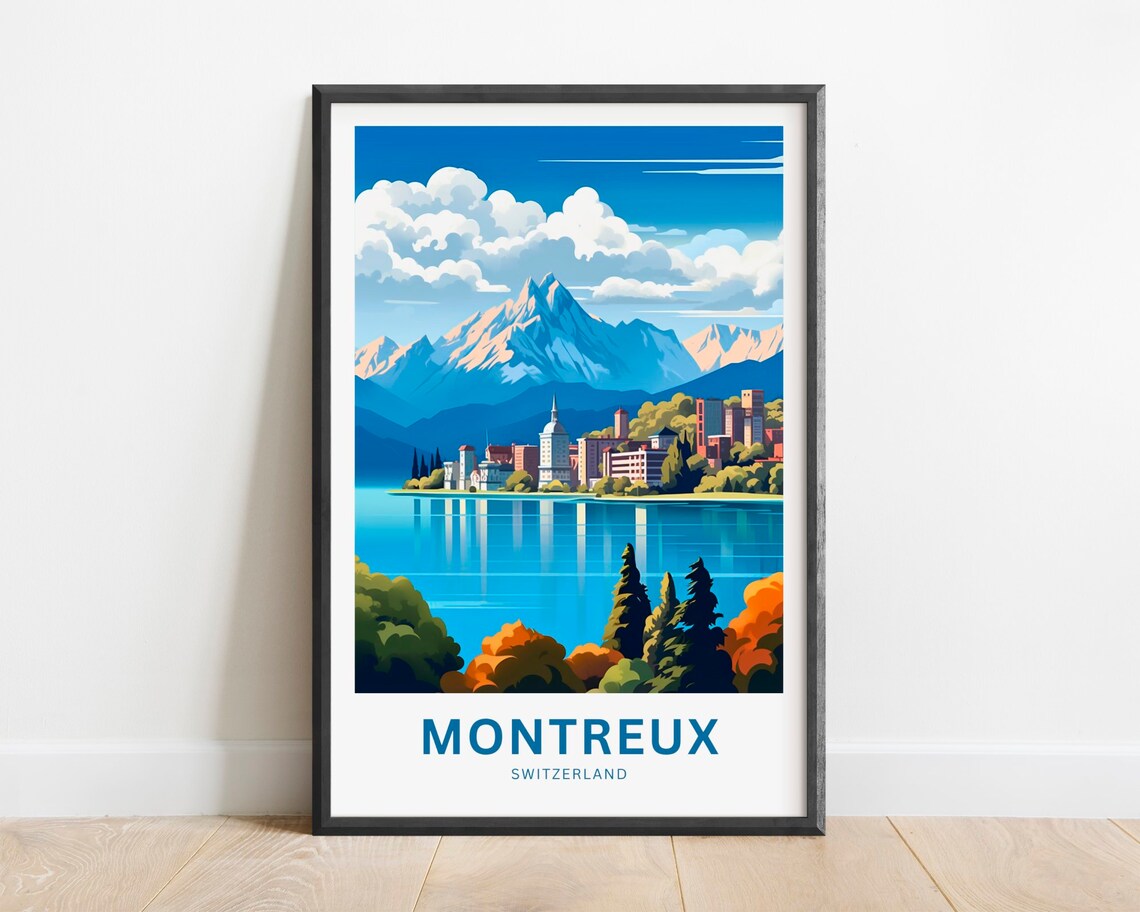Montreux Switzerland Lake Town Mountain Backdrop Travel Poster