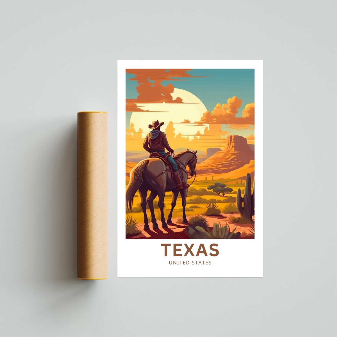 Texas Cowboy Horseback Sunset Desert Illustrated Travel Poster - Image 4