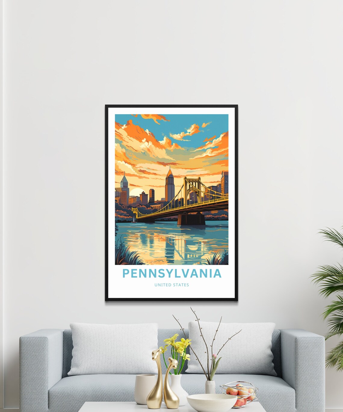 Pennsylvania United States Yellow Bridge Sunset River Travel Poster - Image 3