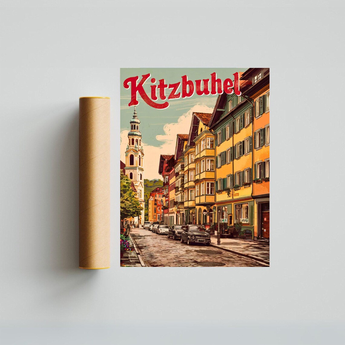 Kitzbuhel Austria Retro Alpine Town Poster Old Street and Church View - Image 4