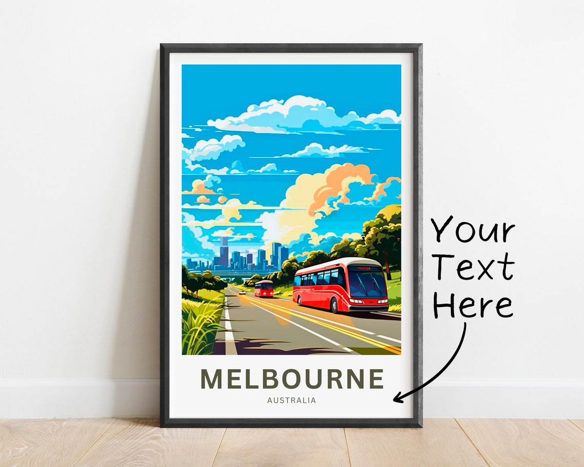 Personalized Melbourne Red Bus City Skyline Custom Travel Poster
