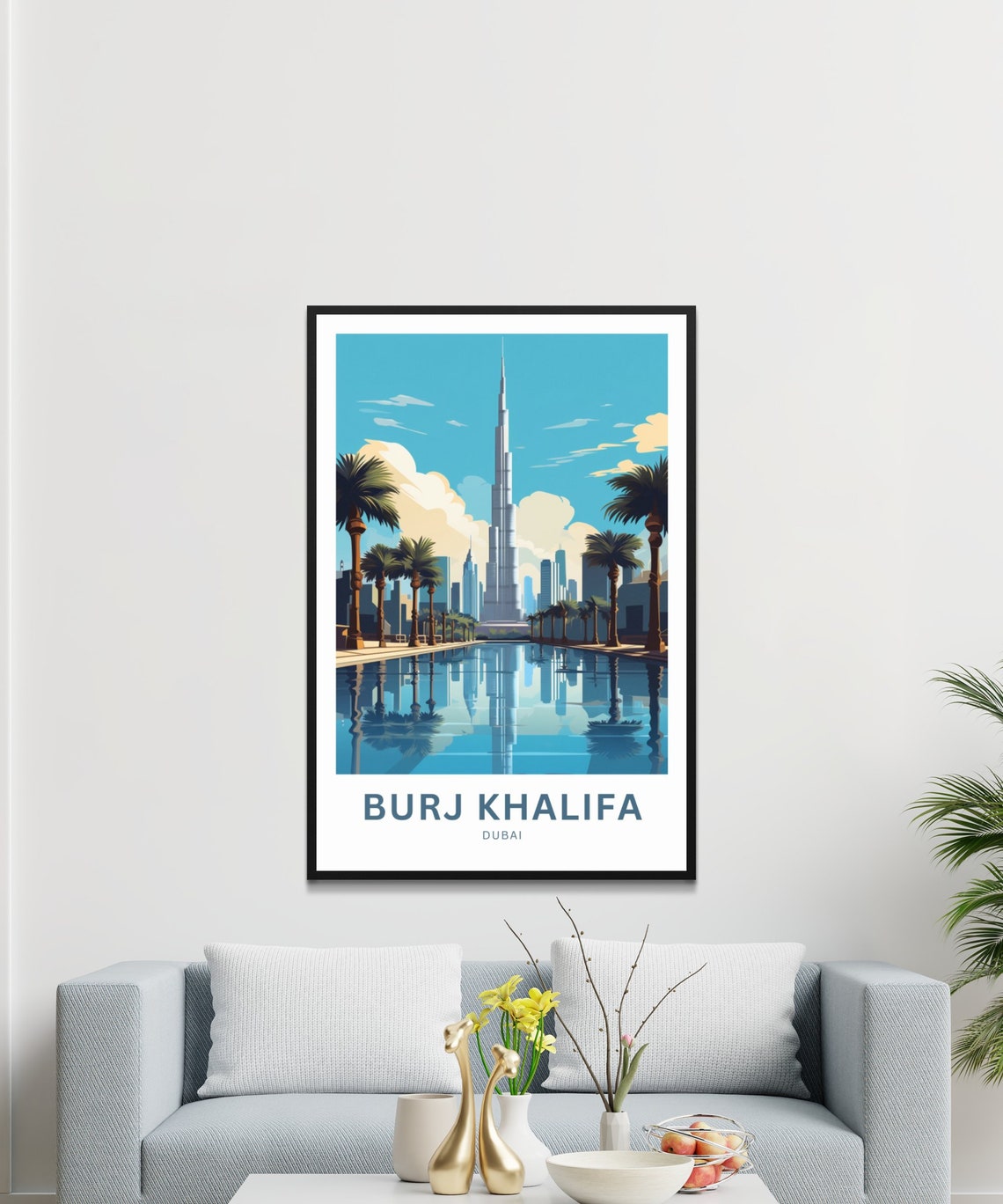Burj Khalifa Dubai Tower Reflection Palm Lined Waterfront Poster - Image 3
