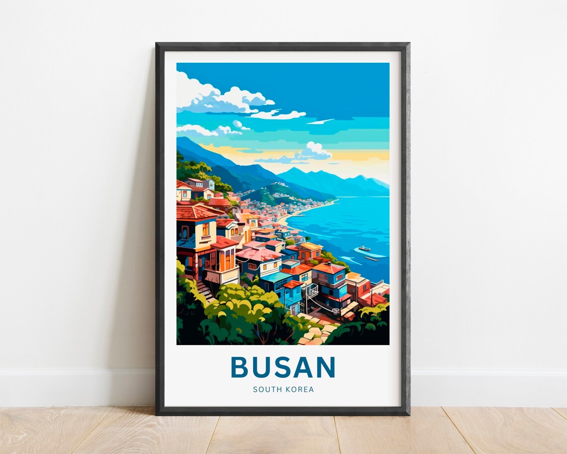 Busan South Korea Hillside Village Bay View Vintage Travel Poster