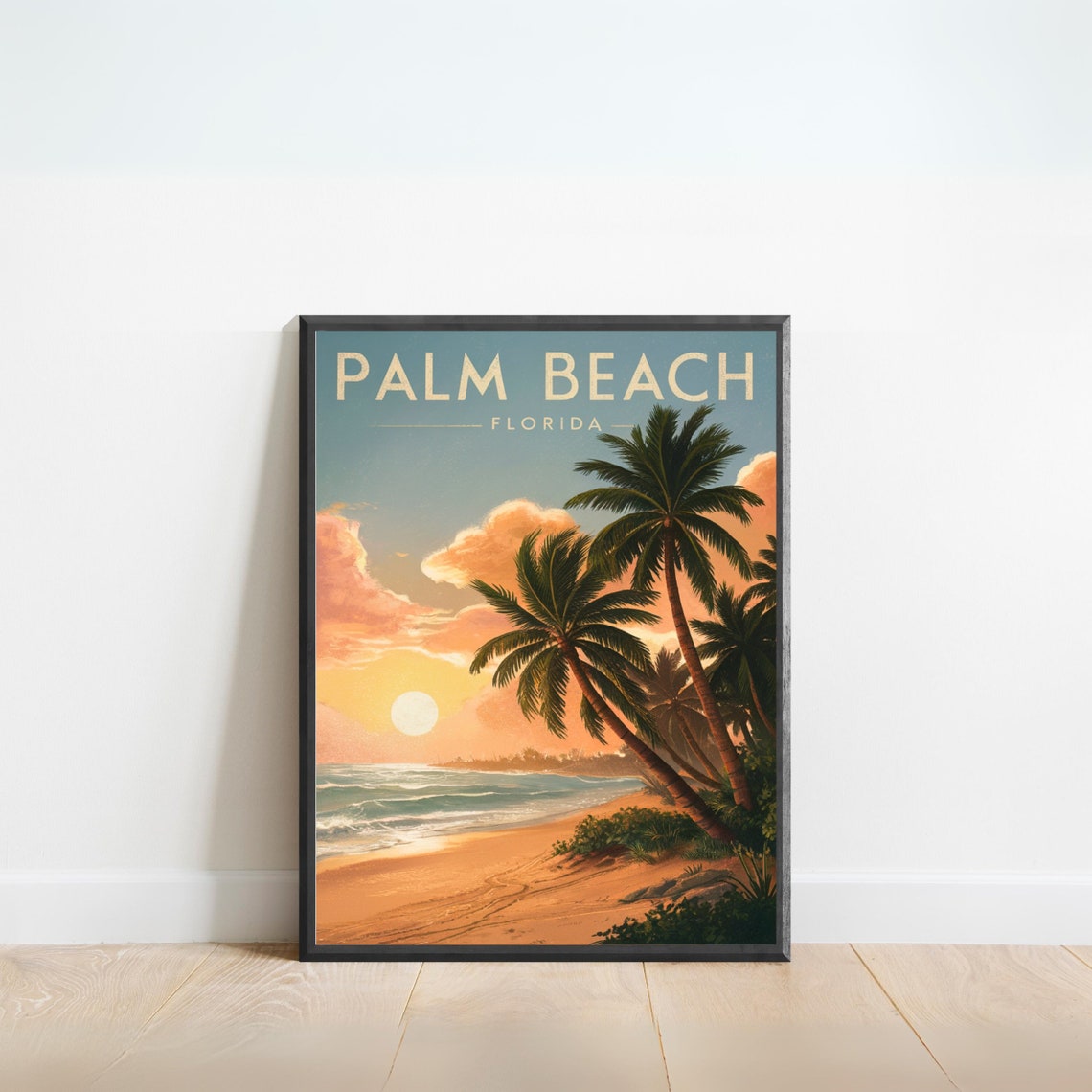 Palm Beach Florida Sunset Ocean Waves Palm Grove Vintage Travel Poster