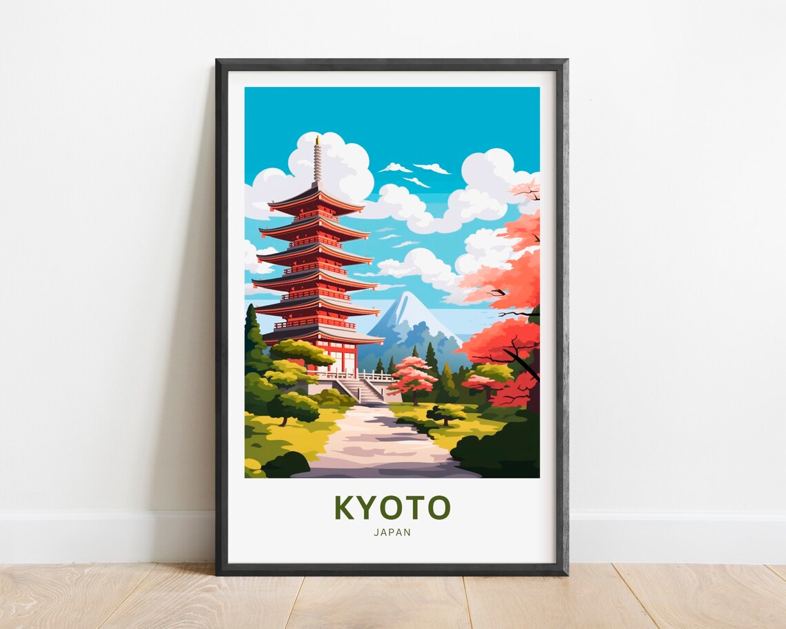 Kyoto Japan Red Pagoda Temple Autumn Maple Garden Travel Poster