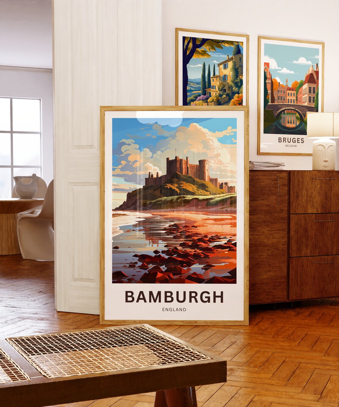 Bamburgh Castle Golden Sunset Reflective Beach England Travel Poster - Image 5