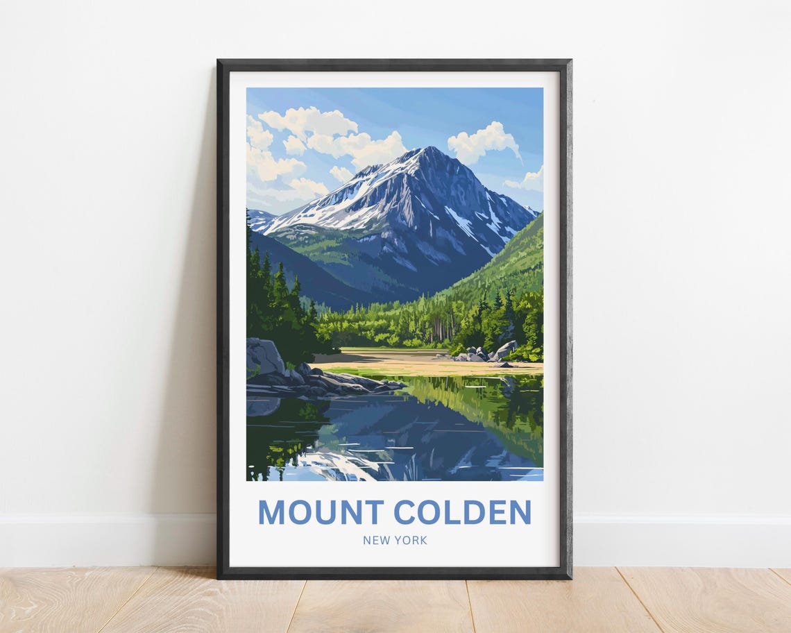 Mount Colden New York Snowcapped Peak Lake Reflection Travel Poster