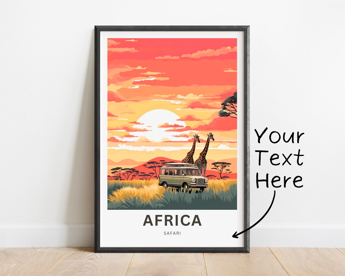 Personalized Africa Safari Sunset Poster with Two Giraffes Art