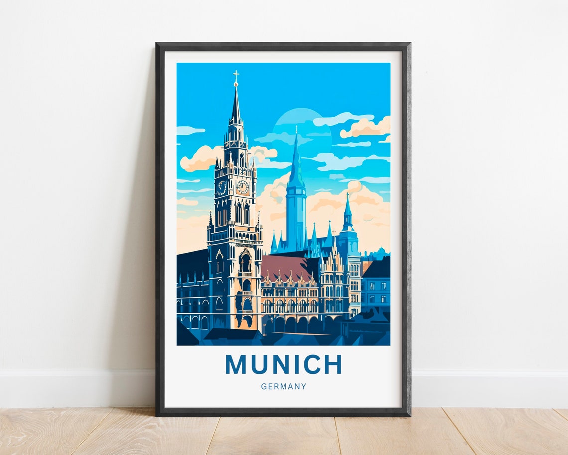 Munich Germany Gothic Town Hall Blue Sky Clock Tower Art Poster