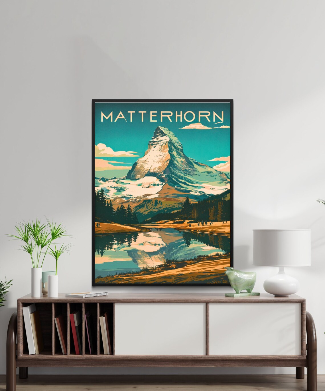 Matterhorn Swiss Alps Snow Peak Lake Reflection Hikers Vintage Poster - Image 2