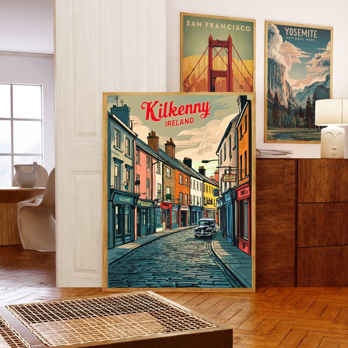 Kilkenny Ireland Cobblestone Street Shops Vintage Travel Poster - Image 5