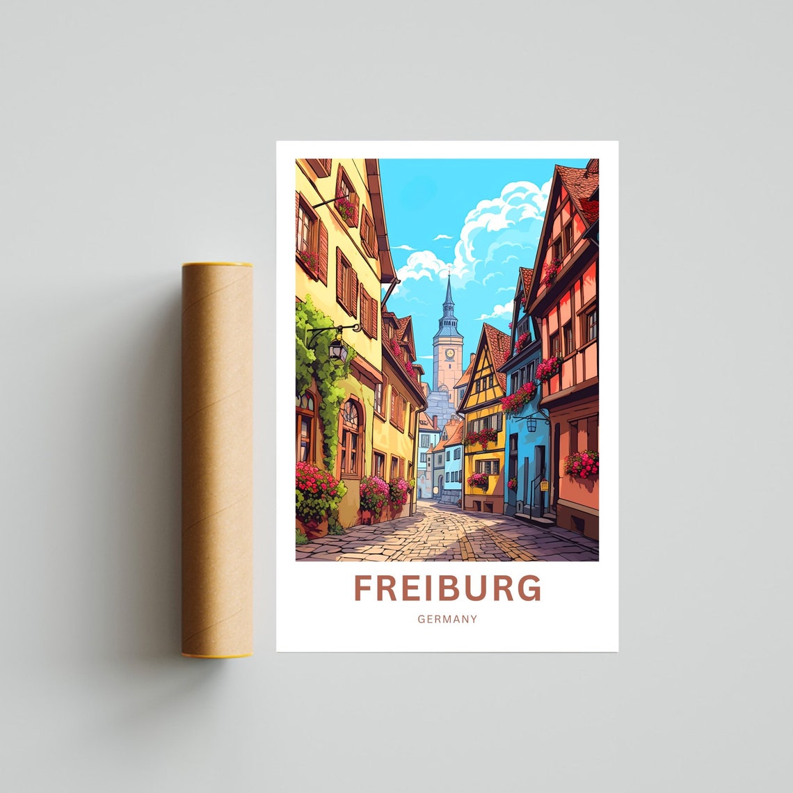 Personalized Freiburg Germany Cobblestone Street Vintage Travel Poster - Image 4