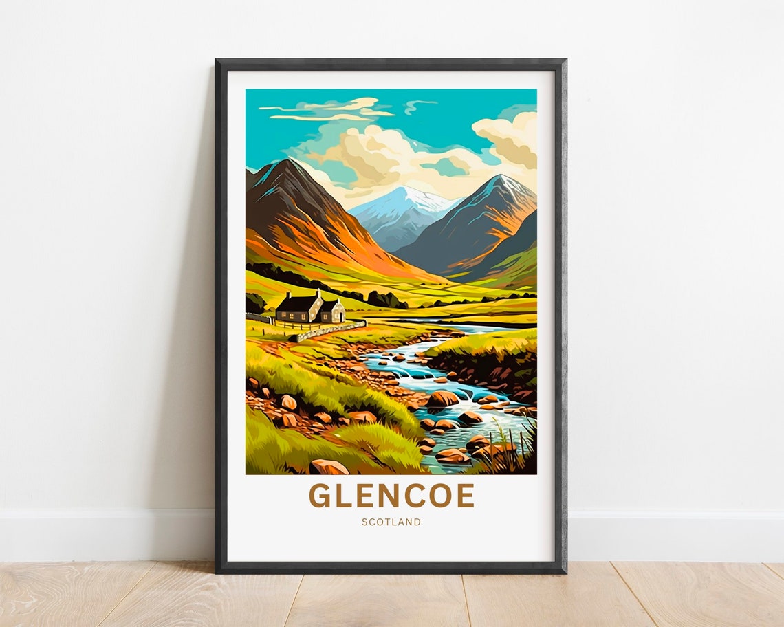 Glencoe Scotland Mountain Valley River Retro Travel Poster Scenic