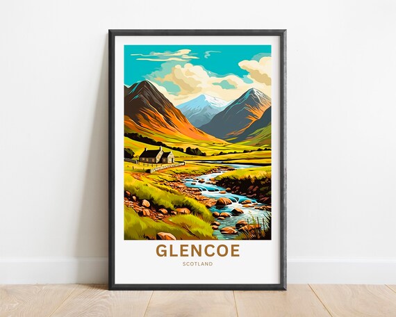 Glencoe Scotland Mountain Valley River Retro Travel Poster Scenic