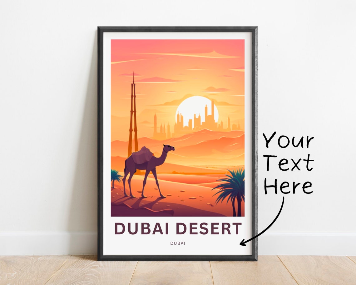 Personalized Dubai Desert Camel at Sunset Travel Poster Gift