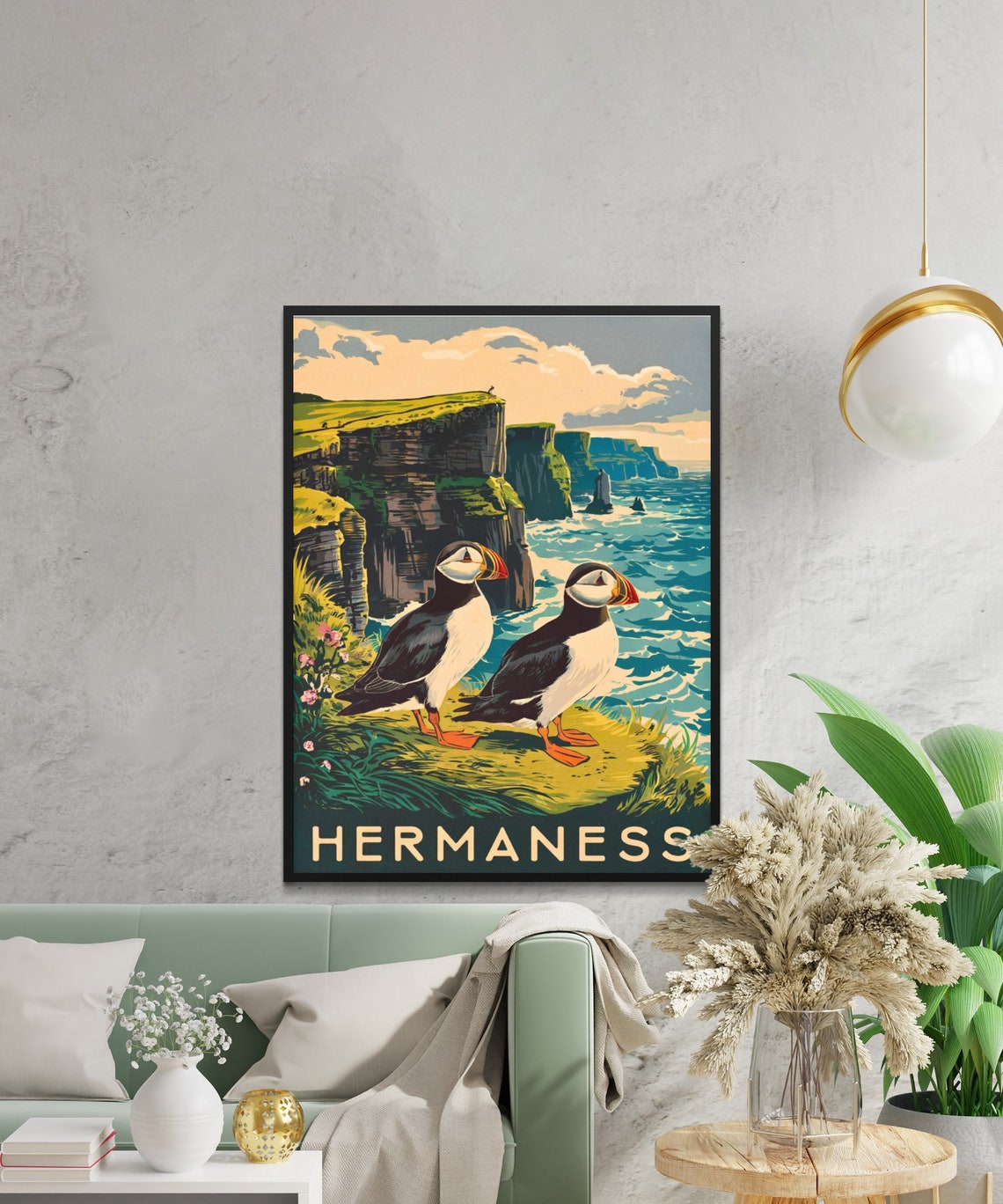 Hermaness Scotland Vintage Puffins on Cliff Over Ocean Waves Poster - Image 2