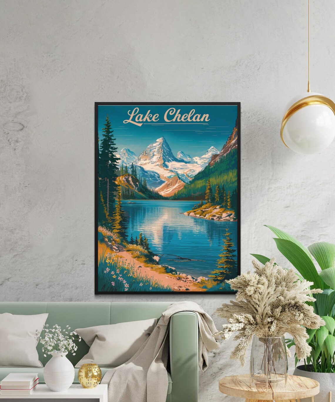 Lake Chelan Script Lettering Vintage Mountain Lake Travel Poster Gift - Image 3