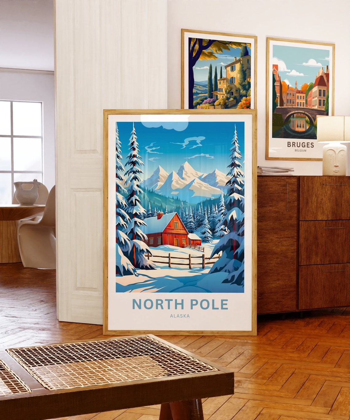 North Pole Alaska Personalized Red Cabin Winter Forest Poster - Image 5