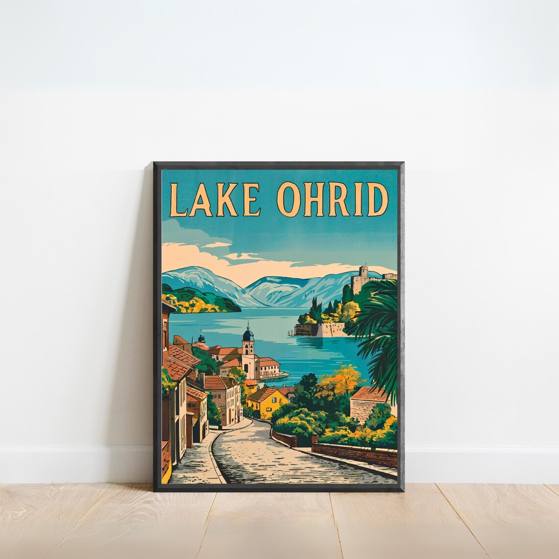 Lake Ohrid Vintage Travel Poster Lakeside Old Town Mountain View