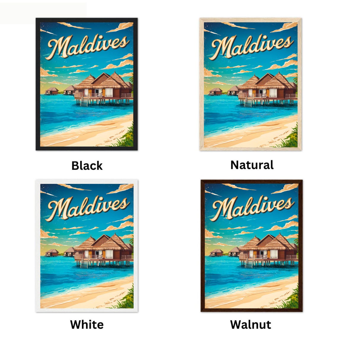 Maldives Vintage Overwater Bungalows Retro Beach Travel Poster - Image 4