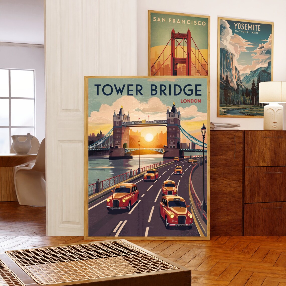 Tower Bridge London Sunset Retro Taxi River Thames Travel Poster - Image 5