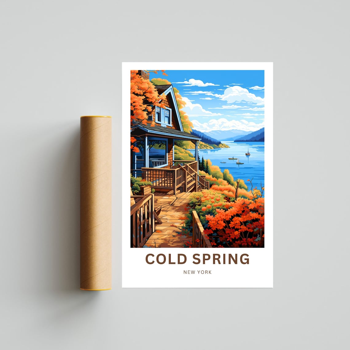 Cold Spring New York Autumn Lake Cabin Watercolor Travel Poster - Image 4