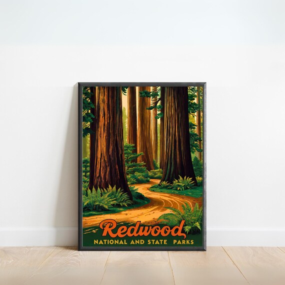Redwood National and State Parks Giant Forest Trail Vintage Travel Poster