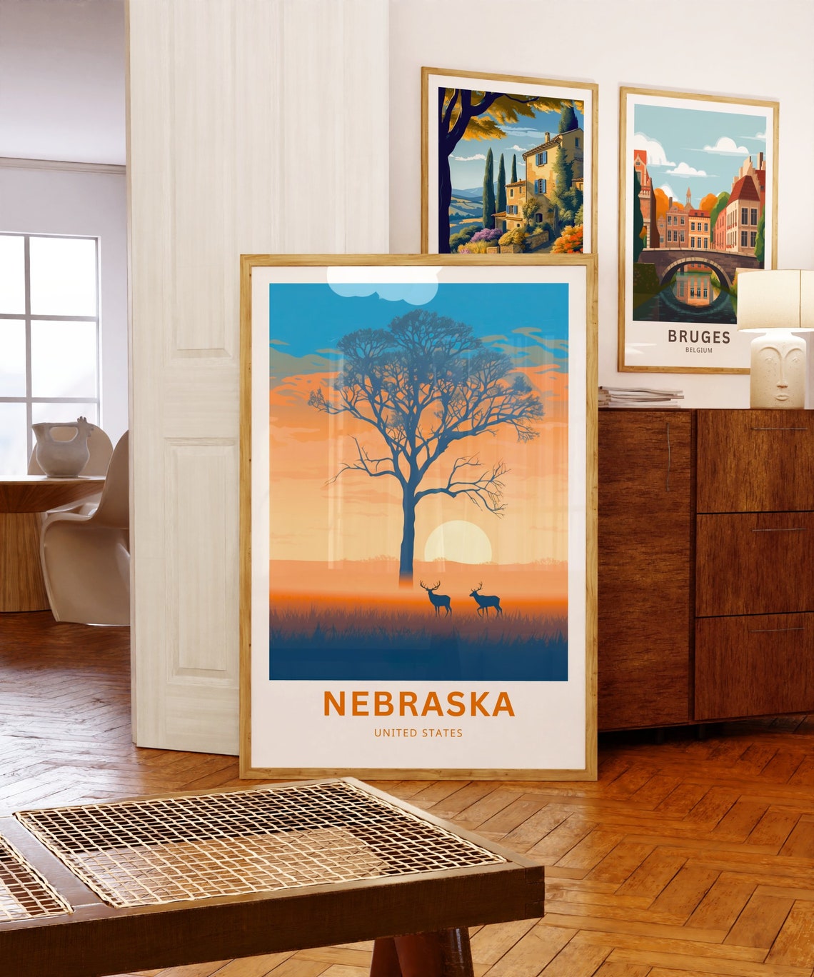 Nebraska Sunset Silhouette Tree with Deer Minimalist Travel Poster - Image 5