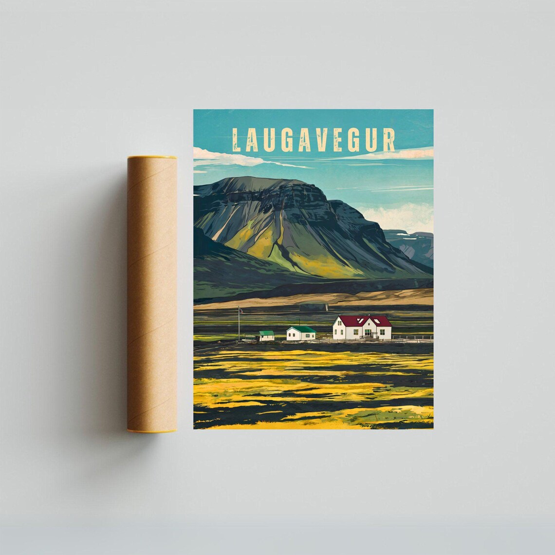 Laugavegur Iceland Mountain Farmhouse Scene Vintage Travel Poster - Image 2