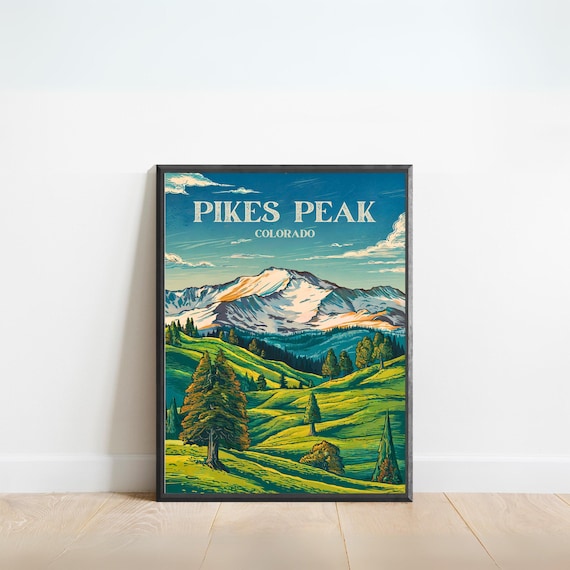 Pikes Peak Colorado Vintage Travel Snow Mountain Green Hills Poster