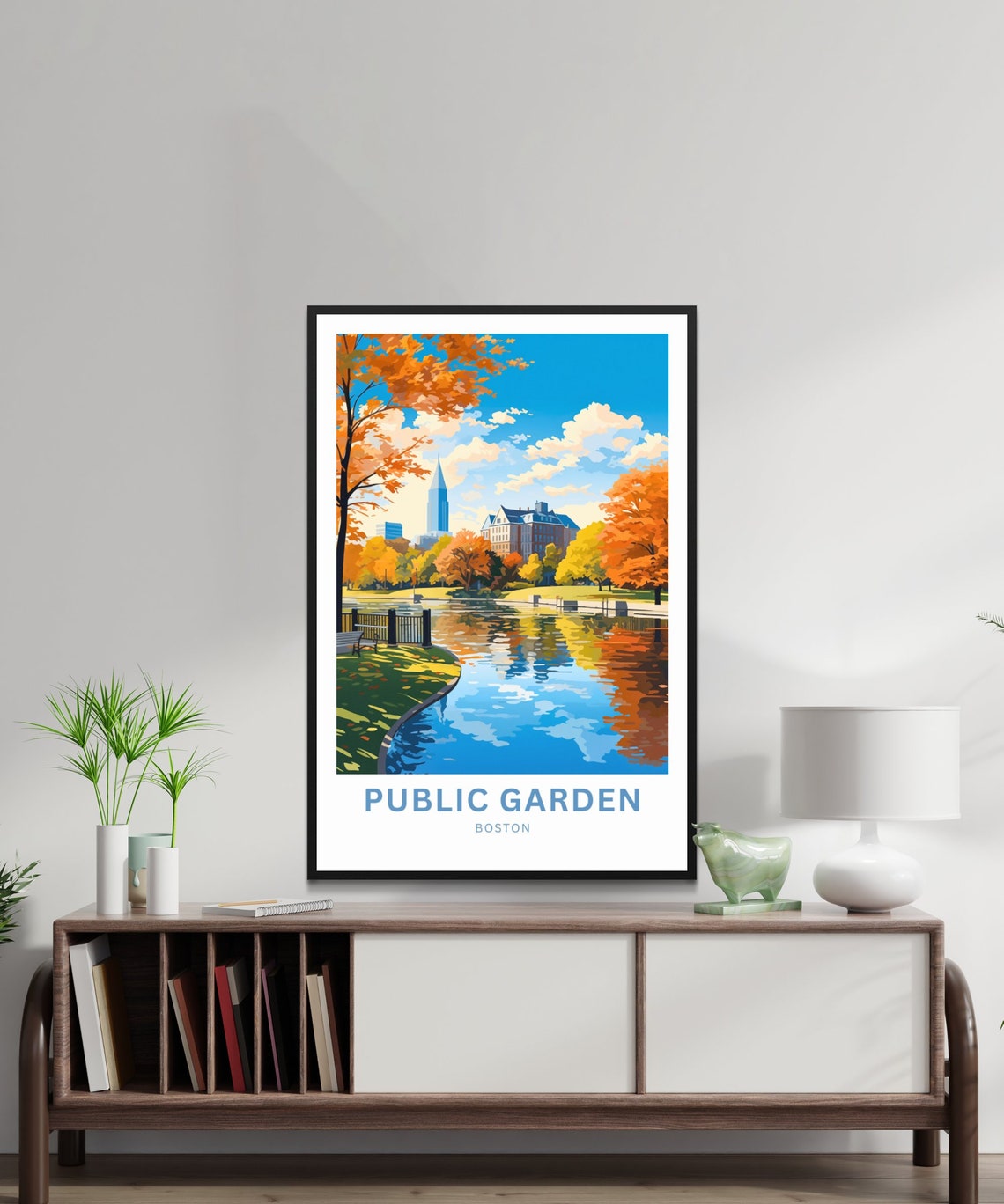 Boston Public Garden Pond Bench Autumn Skyline Reflection Poster - Image 3