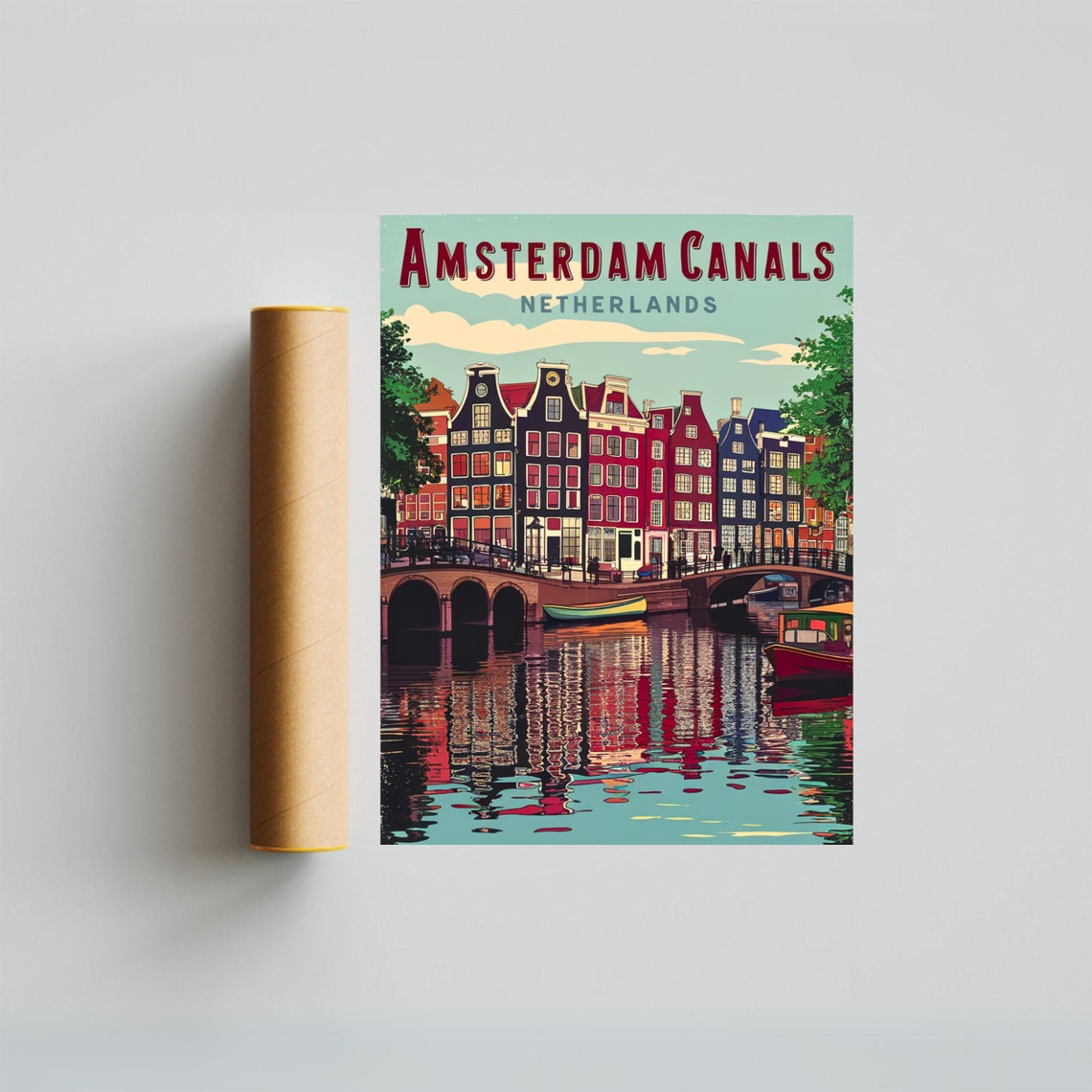 Amsterdam Canals Netherlands Bridge Canal Boat Reflection Poster - Image 2