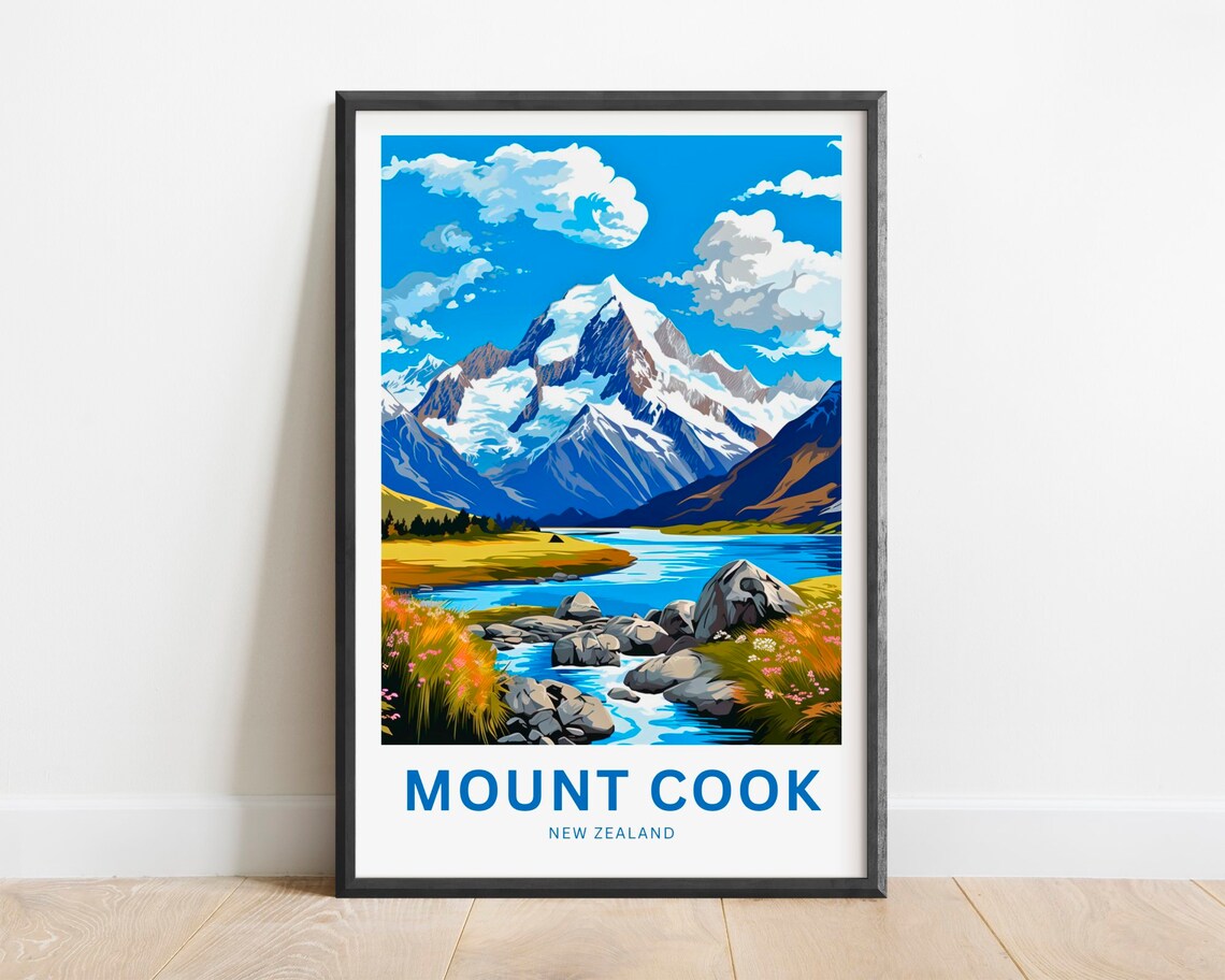 Mount Cook New Zealand Snow Peak Glacial Alpine Lake Travel Poster